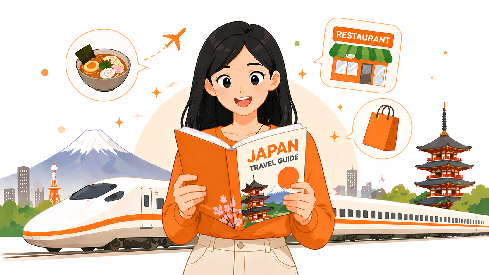คนไทยถือหนังสือคู่มือเที่ยวญี่ปุ่น ชินคันเซ็น ราเมน และสถานที่เด่นของญี่ปุ่น