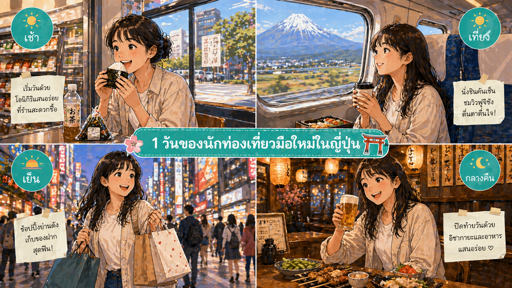 4 ฉากหนึ่งวันในญี่ปุ่น — เช้าคอนบินิ / กลางวัน Shinkansen / เย็นช้อปปิ้ง / ค่ำอิซากายะ