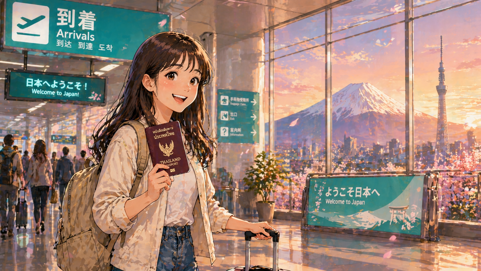 นักท่องเที่ยวคนไทยลงเครื่องที่สนามบินญี่ปุ่น ถือพาสปอร์ต ฉากหลัง Tokyo skyline และภูเขาฟูจิ
