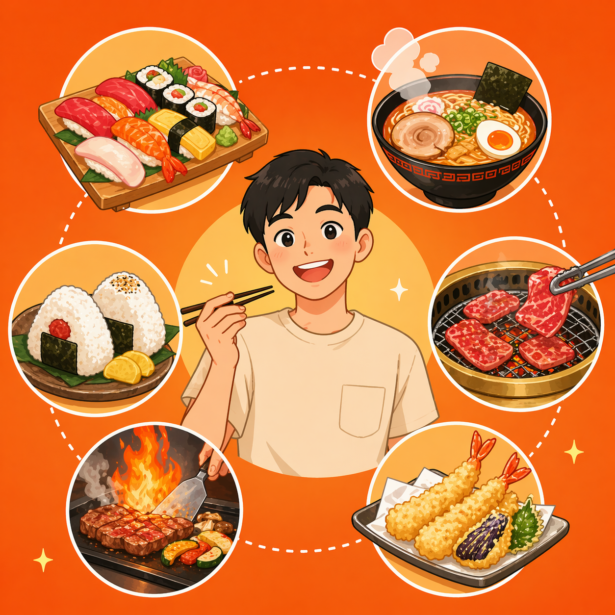 อาหารญี่ปุ่น 6 ชนิด — ซูชิ / ราเมน / ยากินิกุ / เทมปุระ / เทปปันยากิ / ข้าวปั้น