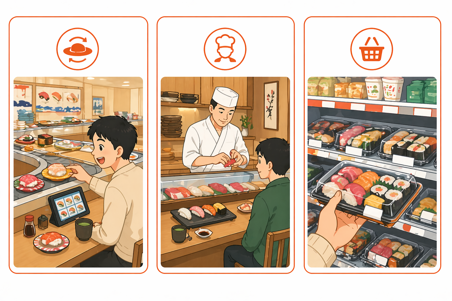 3 สไตล์ซูชิ — Kaiten / Edomae / Konbini