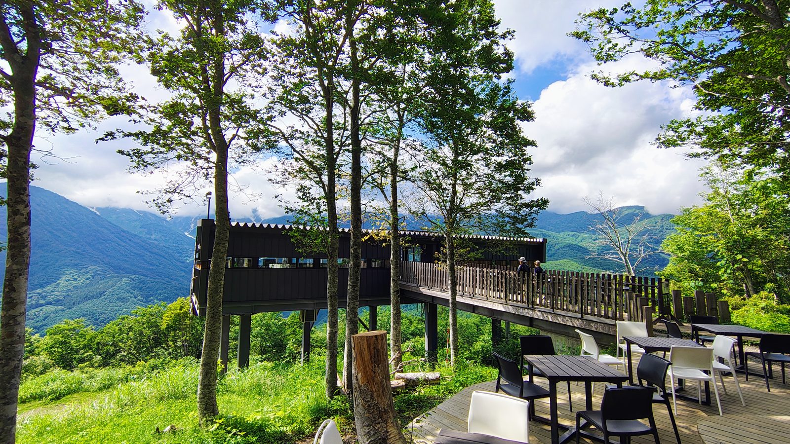 เทอเรซ HAKUBA MOUNTAIN HARBOR บนยอดเขาอิวาตาเกะ มองเห็นเทือกเขาแอลป์เหนือและทะเลหมอก