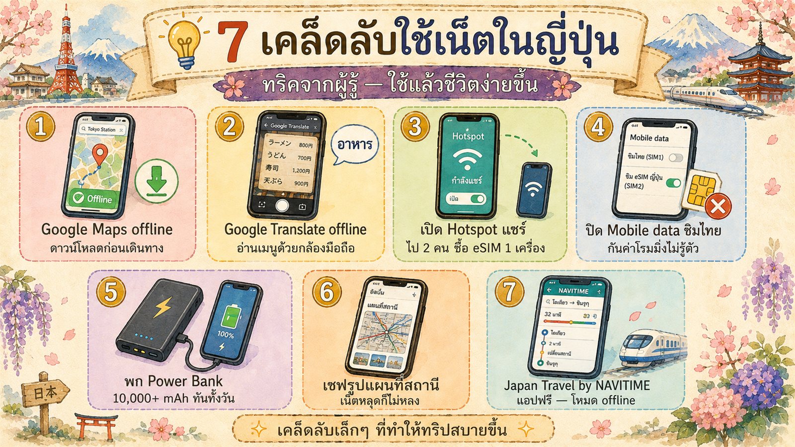 Infographic showing 7 internet tips for Japan trip including offline Google Maps, Google Translate camera scan, hotspot sharing, mobile data off, power bank, station photos, and NAVITIME app