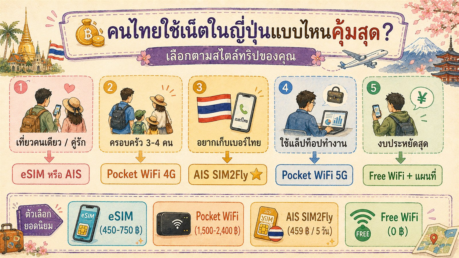 Infographic flowchart showing 5 Thai traveler types and recommended internet option in Japan from eSIM Pocket WiFi AIS SIM2Fly and Free WiFi with prices in baht