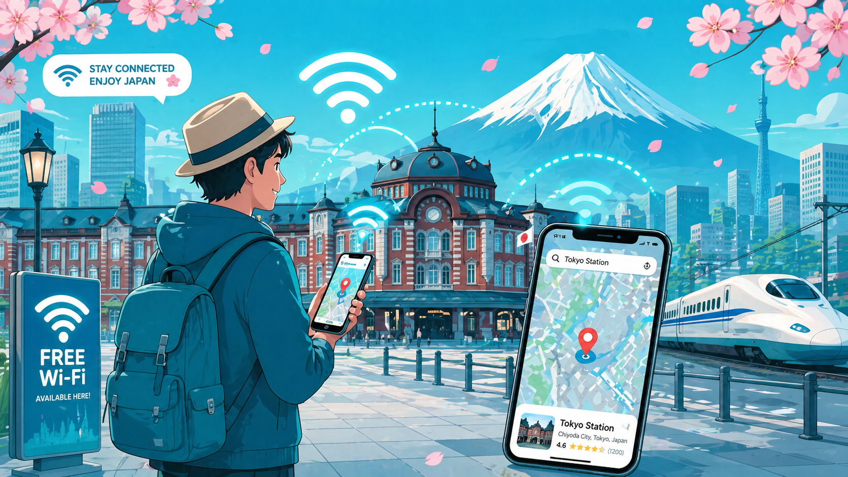 นักท่องเที่ยวกับโทรศัพท์มือถือเชื่อมเน็ตที่สถานีโตเกียว มีคลื่น WiFi รอบตัว ฉากหลังภูเขาฟูจิและซากุระ