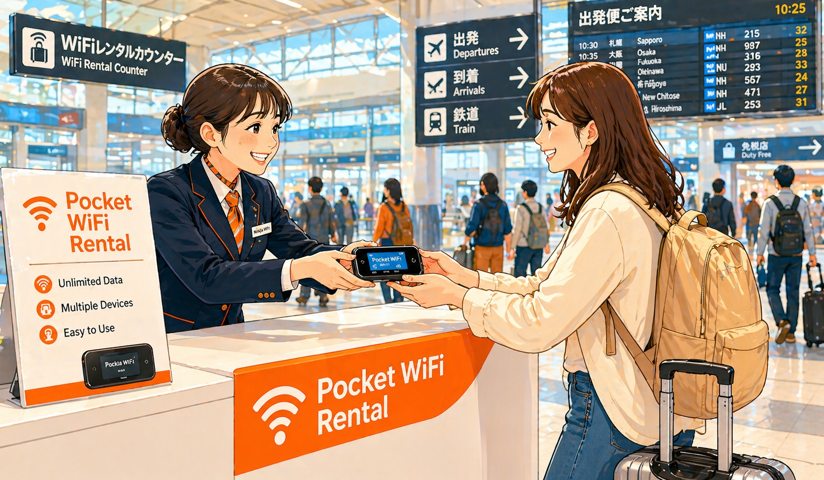 นักท่องเที่ยวรับ Pocket WiFi ที่เคาน์เตอร์สนามบินญี่ปุ่น
