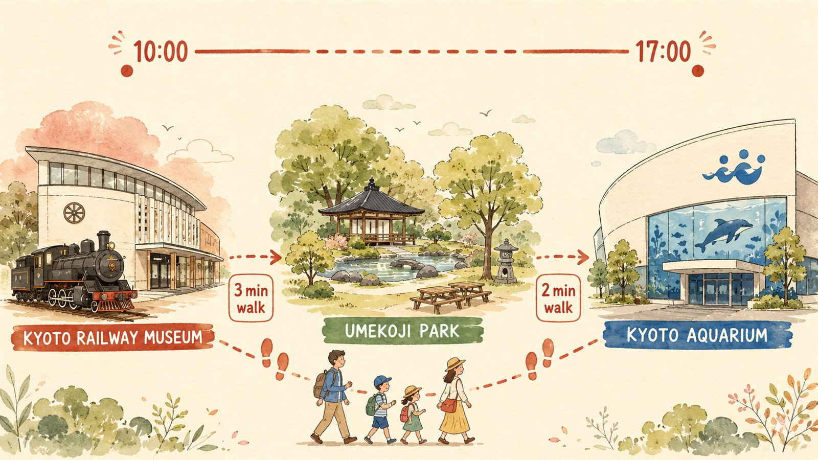 Route map illustration: walking from Kyoto Railway Museum through Umekoji Park to Kyoto Aquarium, 5 minutes total, with a family of four walking the path. Timeline shows 10:00 to 17:00.