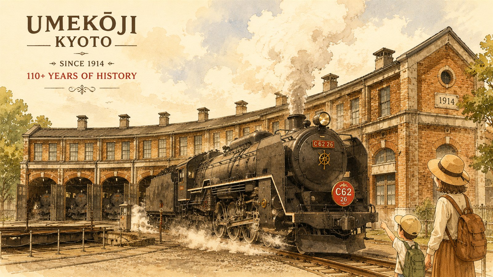 Illustration of a Japanese steam locomotive C62 at Kyoto Railway Museum, with the historic 110-year-old Umekoji roundhouse (built 1914) in the background, family watching.