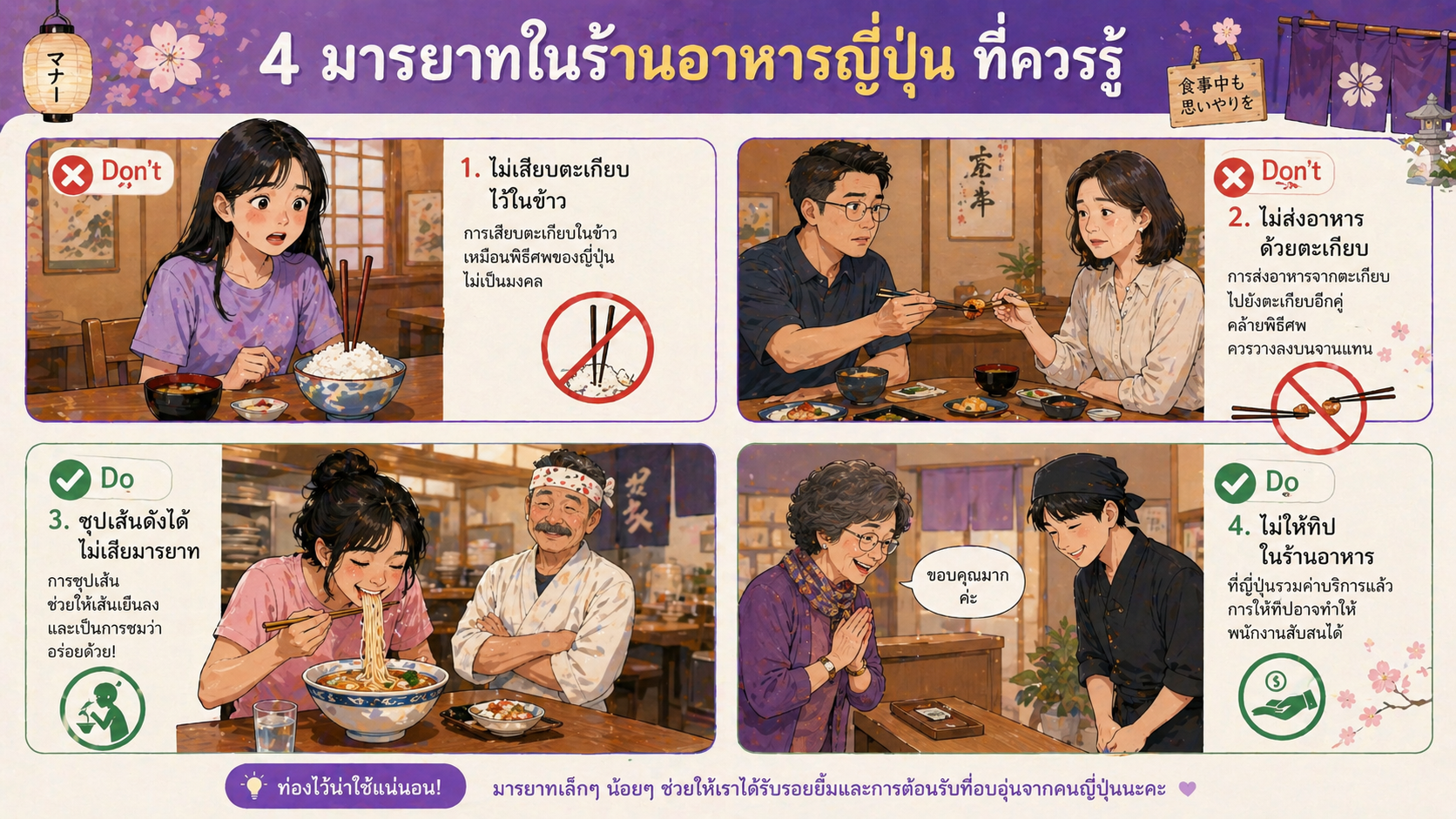 4 มารยาทในร้านอาหารญี่ปุ่น — ห้ามปักตะเกียบ ห้ามส่งตะเกียบ ดูดราเม็งได้ ห้ามทิป