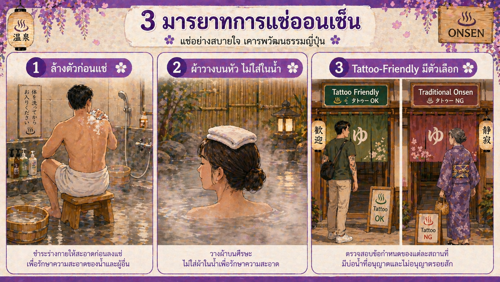 3 มารยาทออนเซ็น — ล้างตัวก่อนแช่ ผ้าวางบนหัว และ Tattoo Friendly options