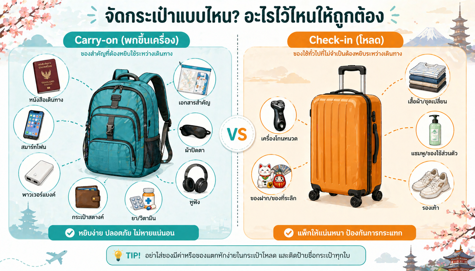 เปรียบเทียบ Carry-on vs Check-in — ของสำคัญพกขึ้นเครื่อง vs เสื้อผ้าโหลด