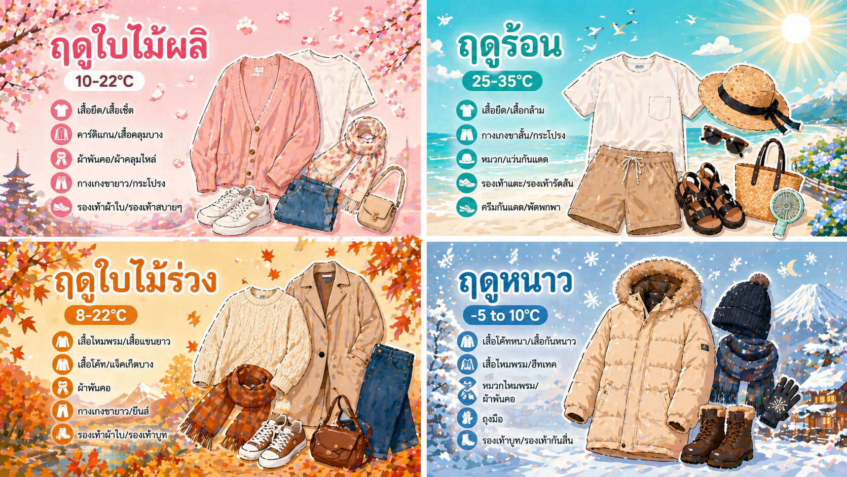 เสื้อผ้าตาม 4 ฤดูในญี่ปุ่น — ใบไม้ผลิ ฤดูร้อน ใบไม้ร่วง ฤดูหนาว