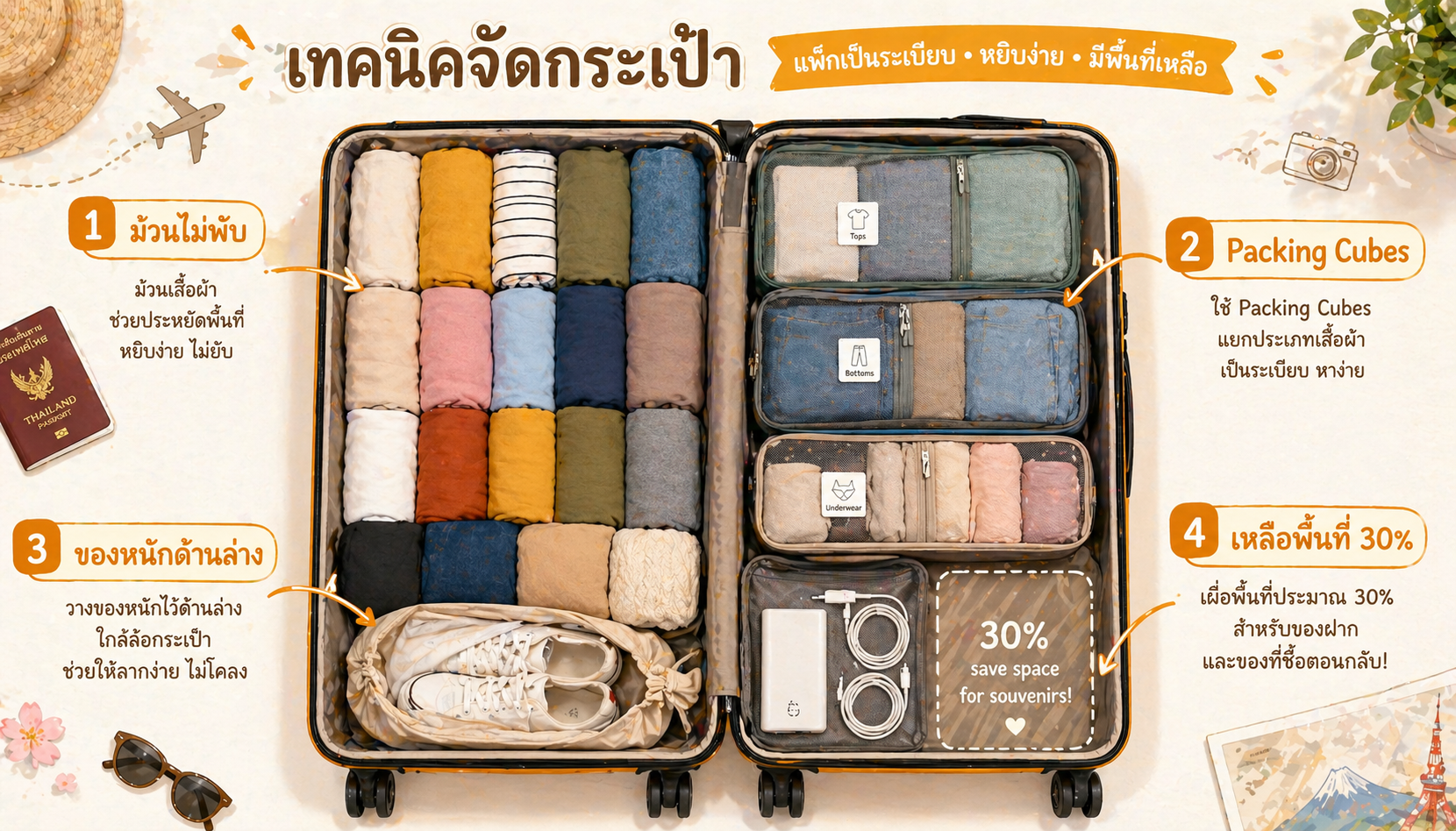 เทคนิคแพ็คกระเป๋า — ม้วนเสื้อผ้า ใช้ packing cubes ใส่หนักด้านล่าง