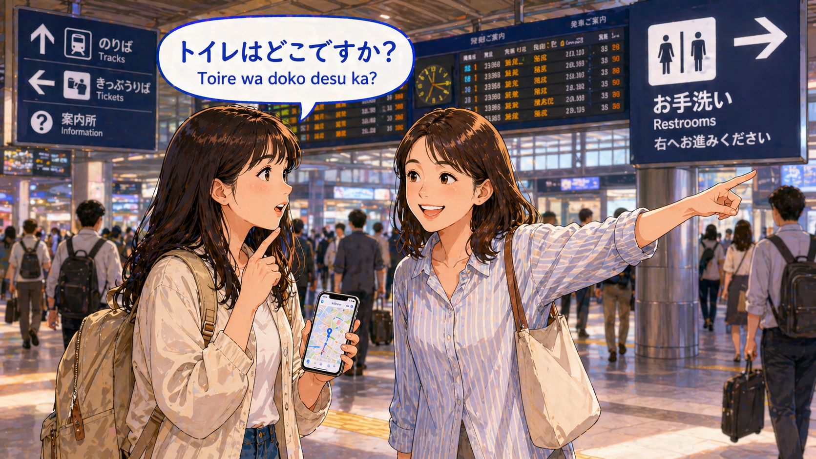 นักท่องเที่ยวยืนหน้าสถานีรถไฟ ถามทางคนญี่ปุ่นใจดีที่กำลังชี้ทาง