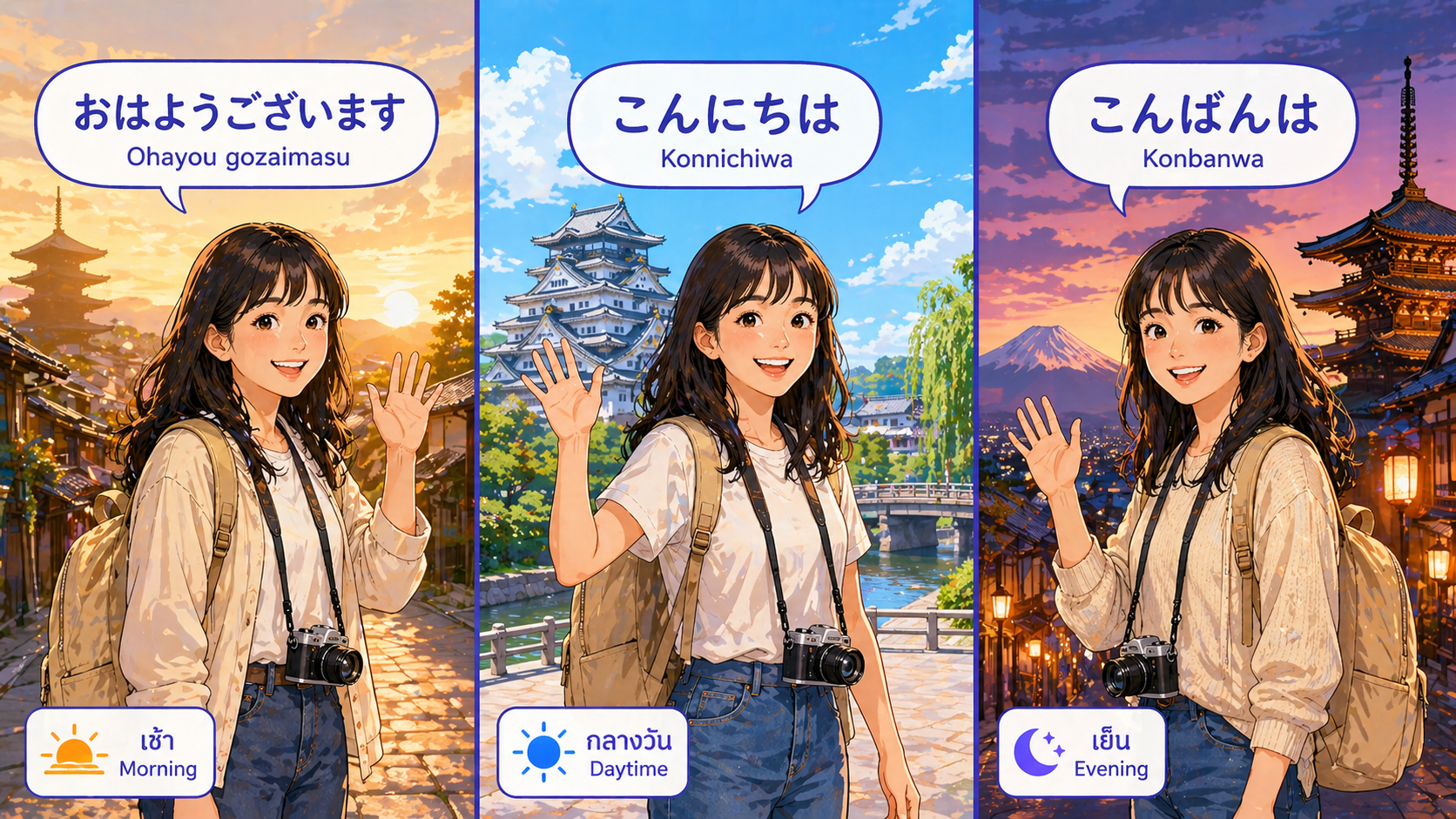 3 ฉากการทักทายในญี่ปุ่น — Ohayou (เช้า), Konnichiwa (กลางวัน), Konbanwa (เย็น)