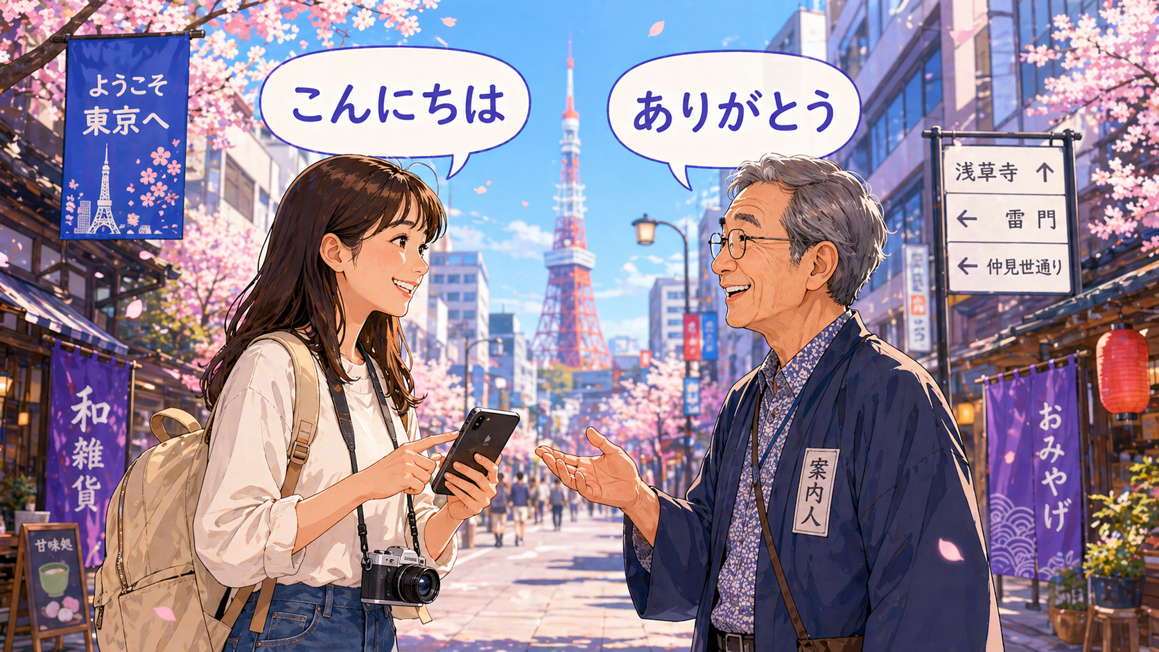 นักท่องเที่ยวคนไทยและคนญี่ปุ่นกำลังคุยกันบนถนนโตเกียว มีบับเบิ้ลคำพูดภาษาญี่ปุ่น