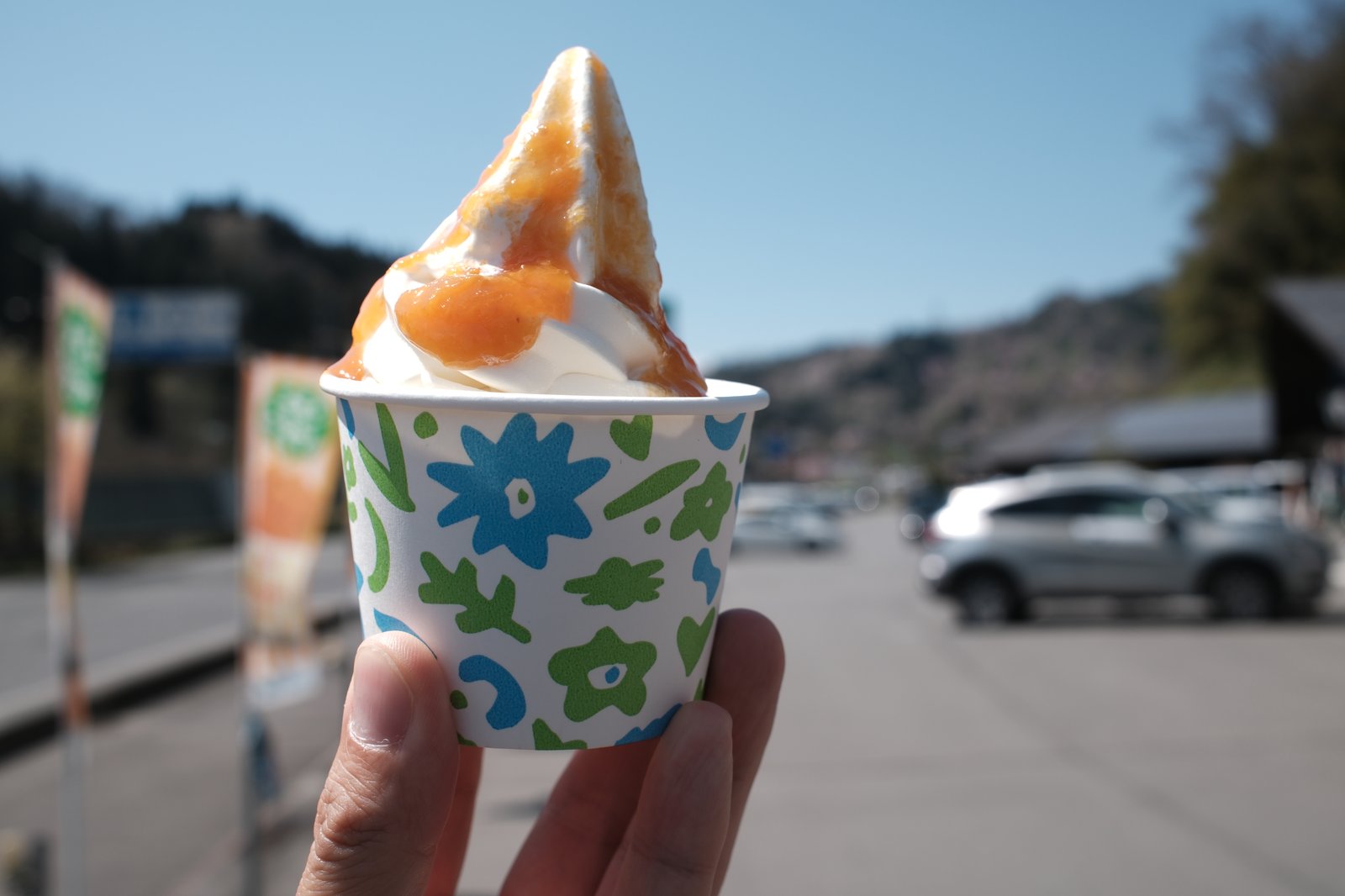 ไอศกรีมโซฟต์ครีมนมสดราดซอสแอปริคอตในถ้วยลายดอกไม้ ที่ Sansan Ichiba