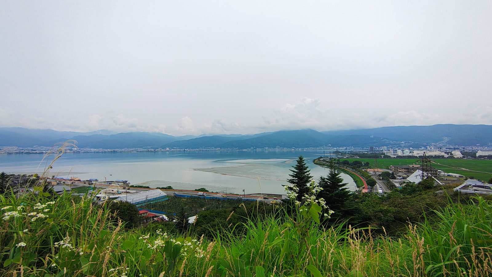 วิวทะเลสาบสุวะจากมุมสูง มีดอกไม้แซมให้ถ่ายรูปสวย ๆ ด้วยค่ะ