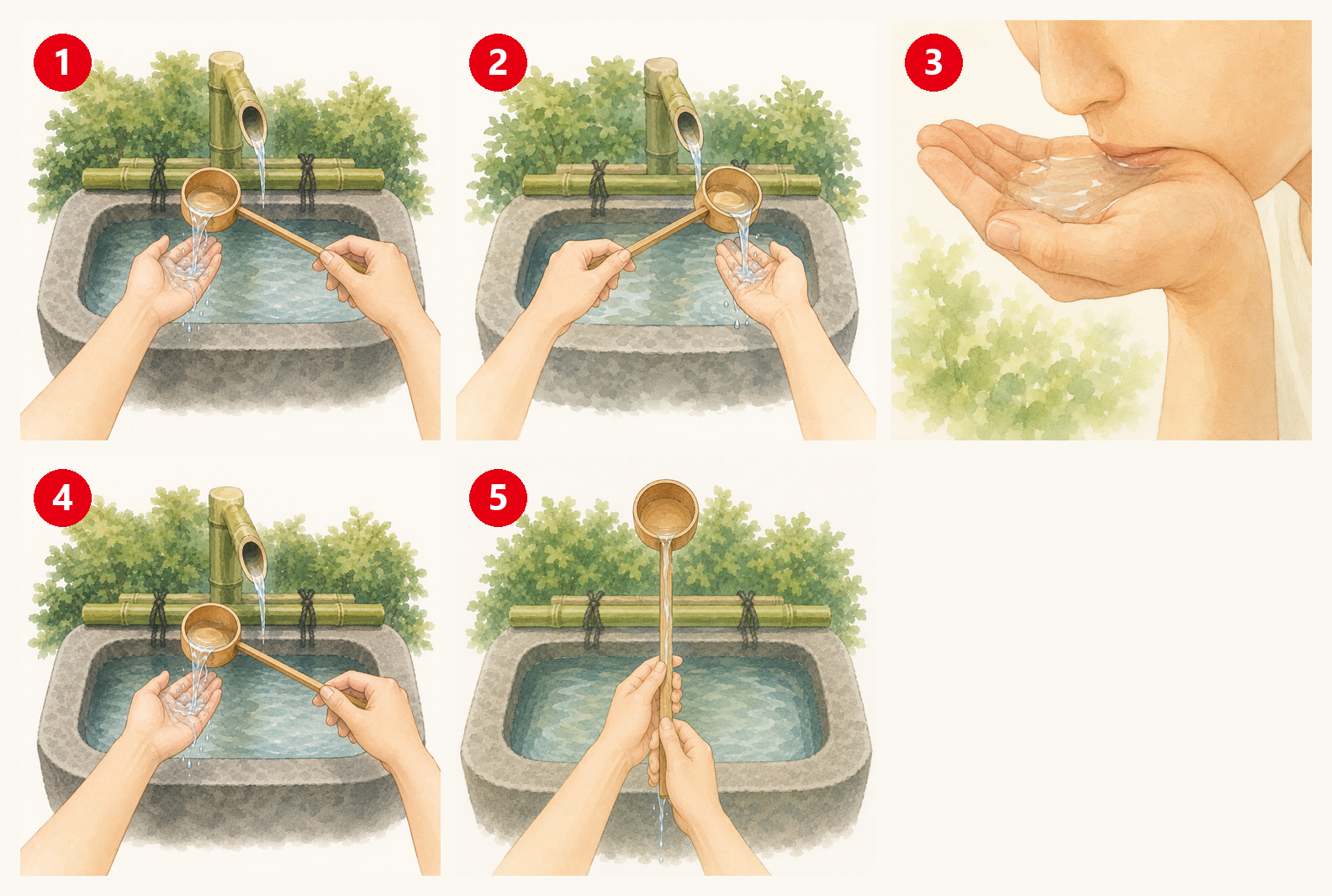 ภาพประกอบขั้นตอนล้างมือที่เทมิสึ — ล้างมือซ้าย ขวา บ้วนปาก และล้างด้ามกระบวย