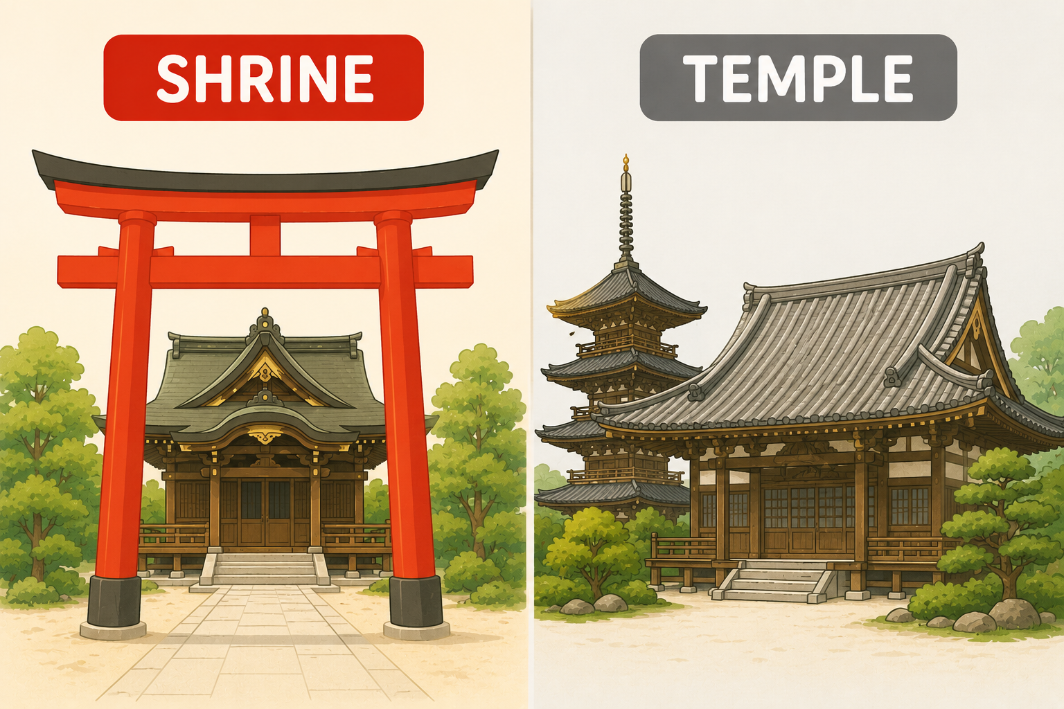 ภาพประกอบเปรียบเทียบอาคารศาลเจ้า (มีเสาโทริอิ) กับวัด (ไม่มีเสาโทริอิ)