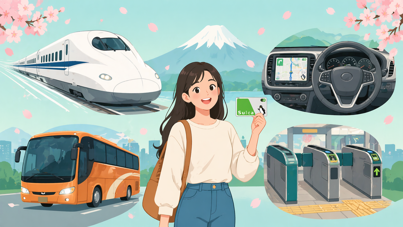 คนไทยถือ Suica Card พร้อมชินคันเซ็น รถบัส พวงมาลัย และประตูเมโทร