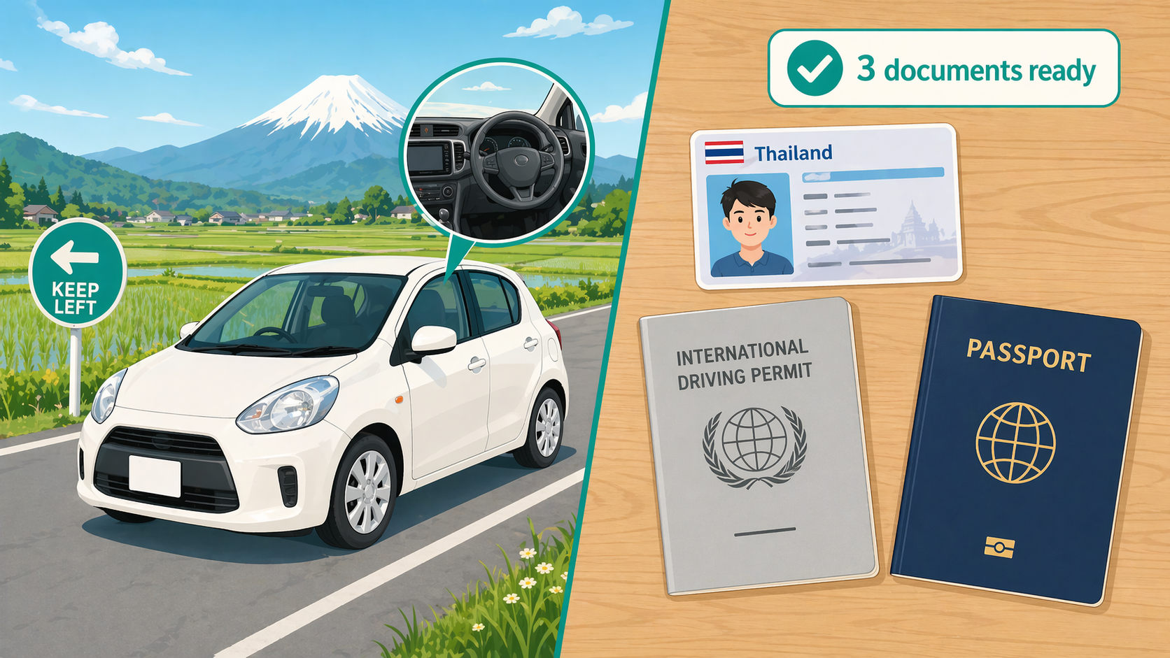 รถเช่าสีขาวพวงมาลัยขวาบนถนนชนบทญี่ปุ่น + เอกสาร 3 อย่าง: ใบขับขี่ไทย ใบขับขี่สากล พาสปอร์ต