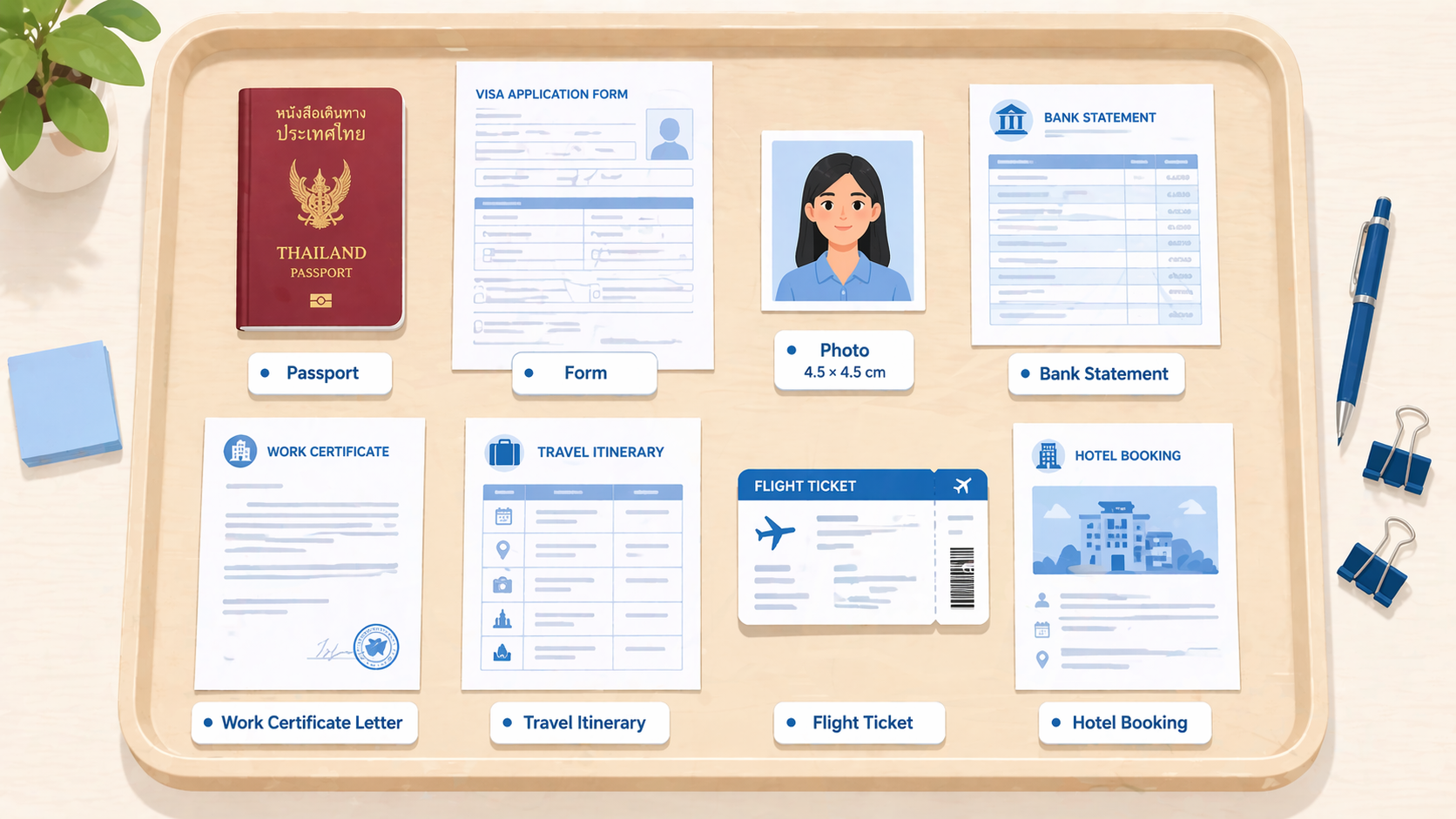 เอกสารประกอบการยื่นวีซ่าญี่ปุ่นวางบนถาด — พาสปอร์ต ใบสมัคร รูปถ่าย statement ฯลฯ