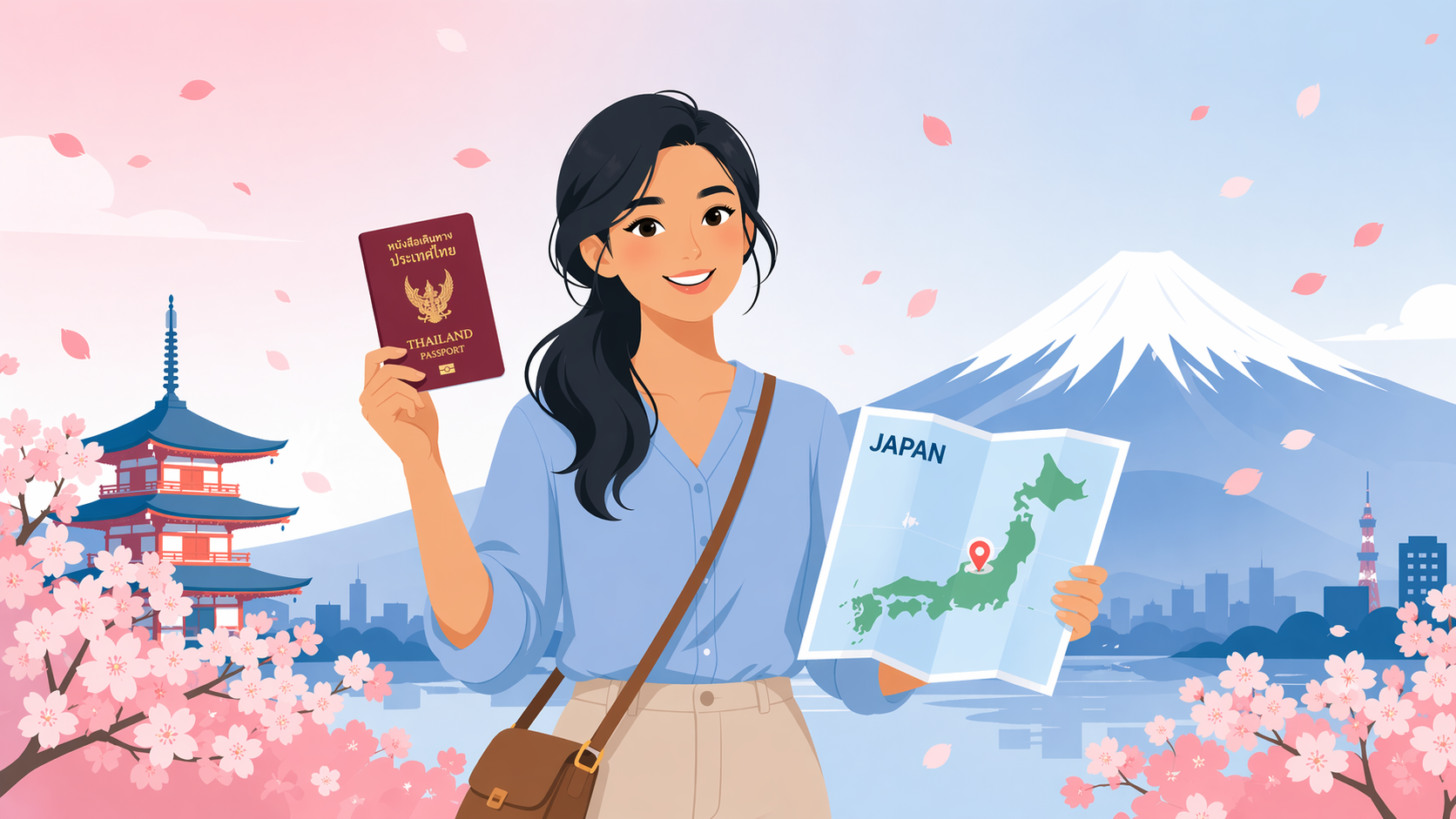 คนไทยถือพาสปอร์ตและแผนที่ญี่ปุ่น พื้นหลังซากุระและฟูจิ
