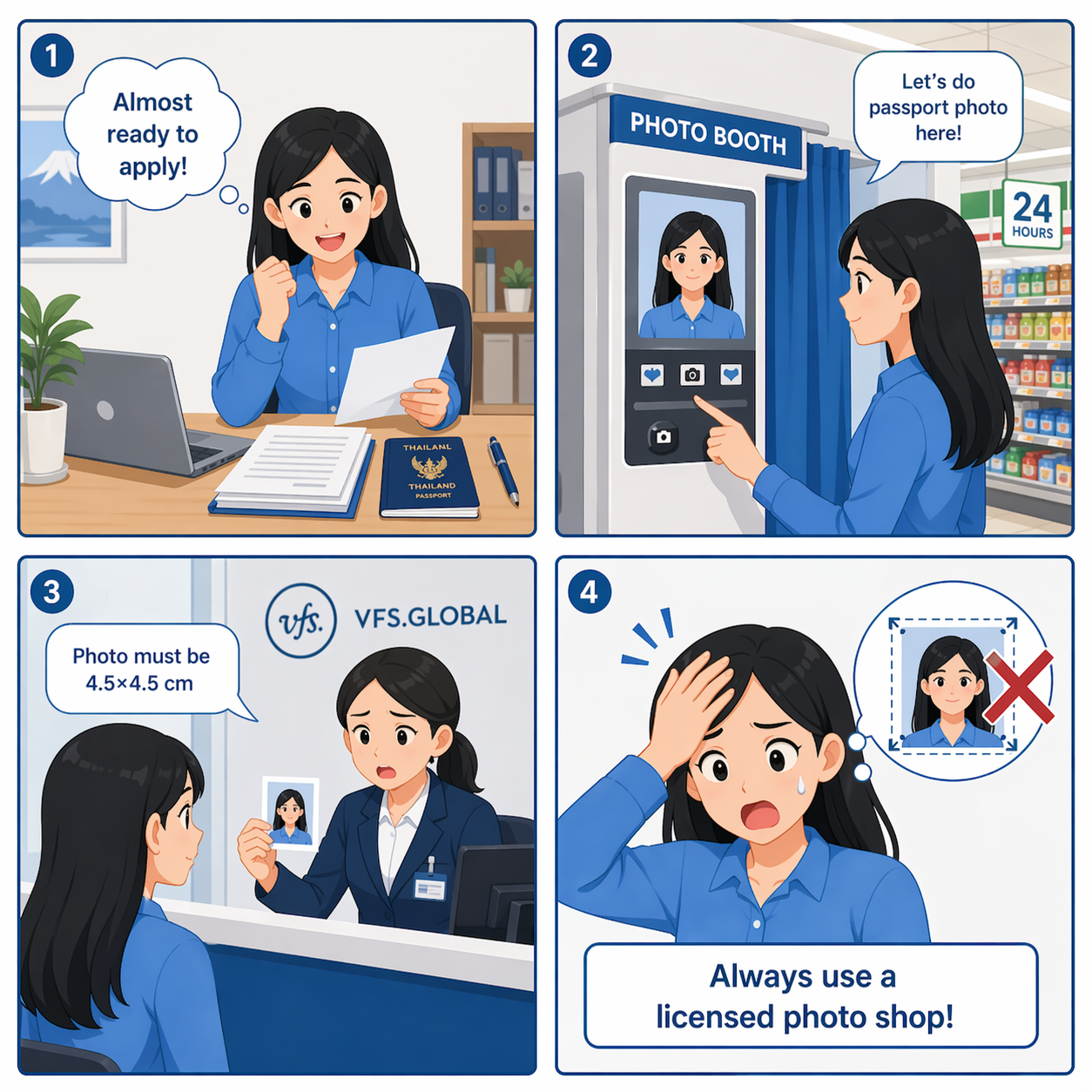 การ์ตูน 4 ช่อง — ความผิดพลาดที่พบบ่อยเรื่องรูปถ่ายวีซ่า