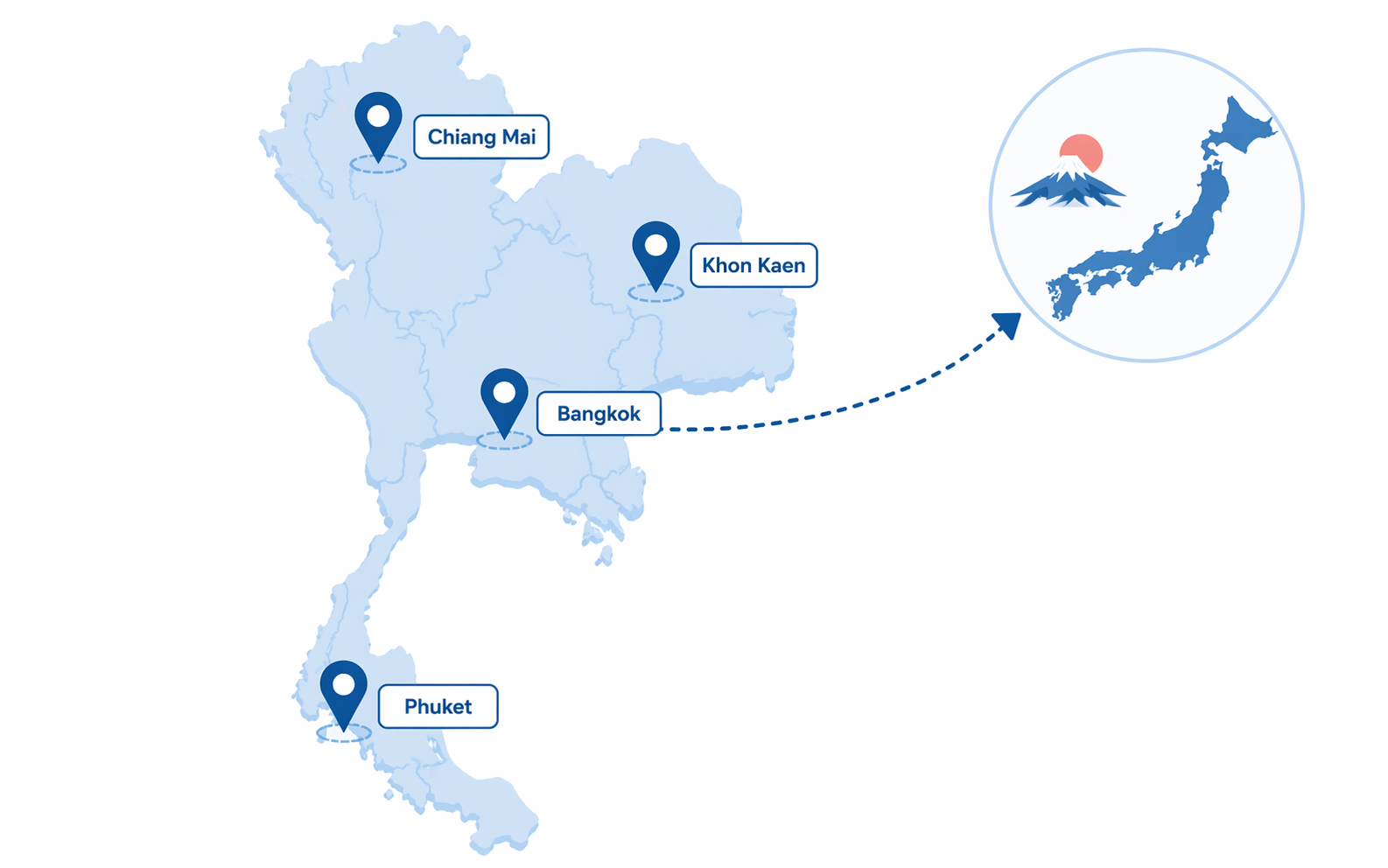 แผนที่ประเทศไทย แสดงศูนย์ VFS Global 4 สาขา กรุงเทพฯ เชียงใหม่ ภูเก็ต ขอนแก่น
